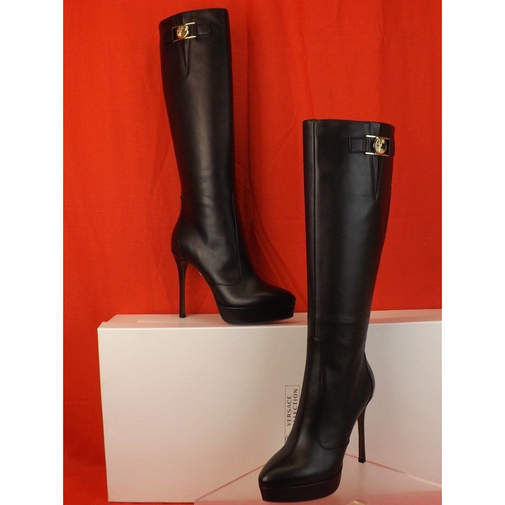 NIB VERSACE COLLECTION BLACK LEATHER GOLD MEDUSA LOGO TALL PLATFORM ZIP BOOTS 39